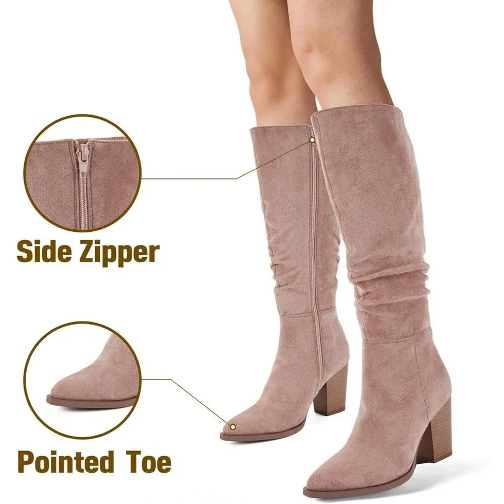 Women's Rosy Brown Pointed Toe Faux Suede Slouch Chunky Heel Knee High Boots